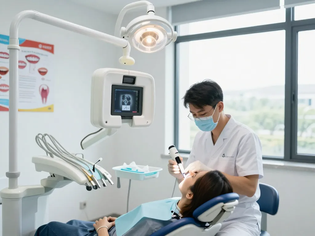 Dentist conducting a thorough dental examination with advanced technology in a welcoming clinic environment.