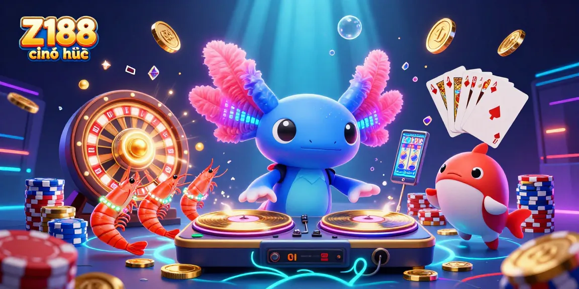 Z188 chính thức engages players with vibrant casino scenes featuring neon axolotl DJ, lively shrimp dancers, and dazzling game elements.