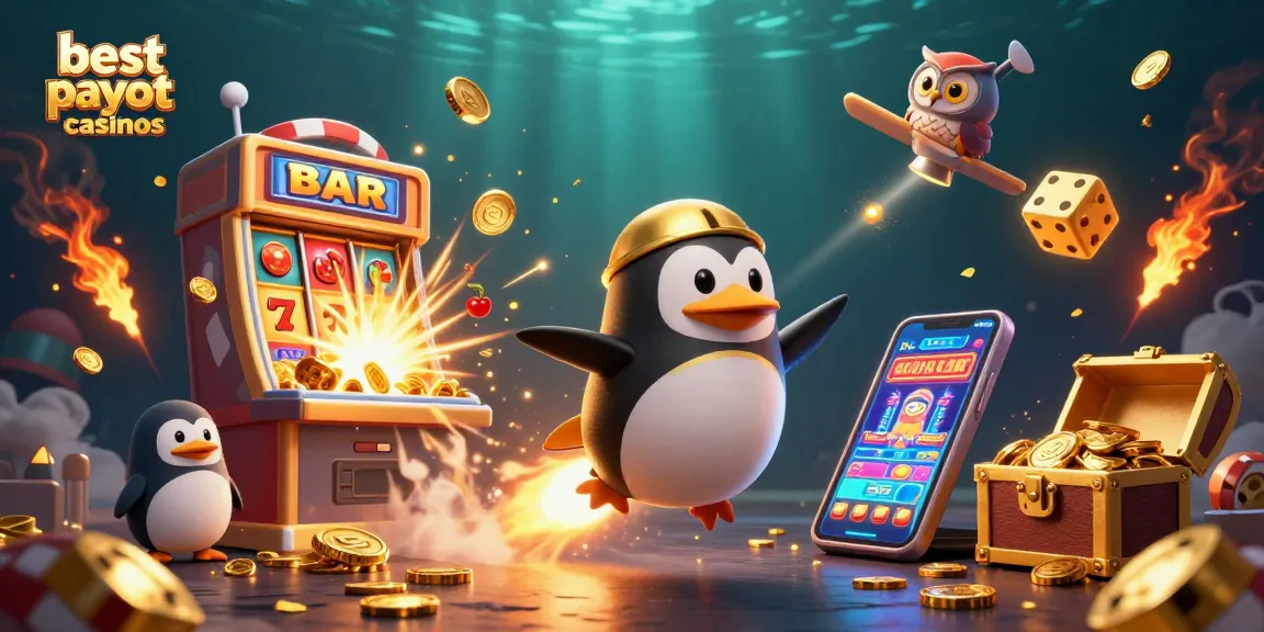 Explore the best payout casinos with a penguin rocket and casino elements exploding in action