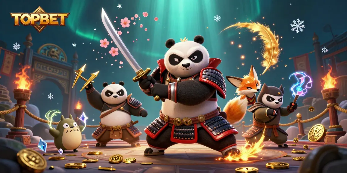 Engage with TOPBET in a vibrant 3D casino-themed illustration featuring samurai panda and ninja fox.