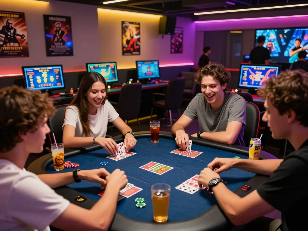 Friends enjoying gaming at the 789 club in a vibrant lounge atmosphere.