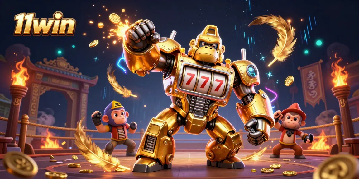 Engage in thrilling games at 11win, featuring a golden gorilla mech amidst vibrant casino elements.
