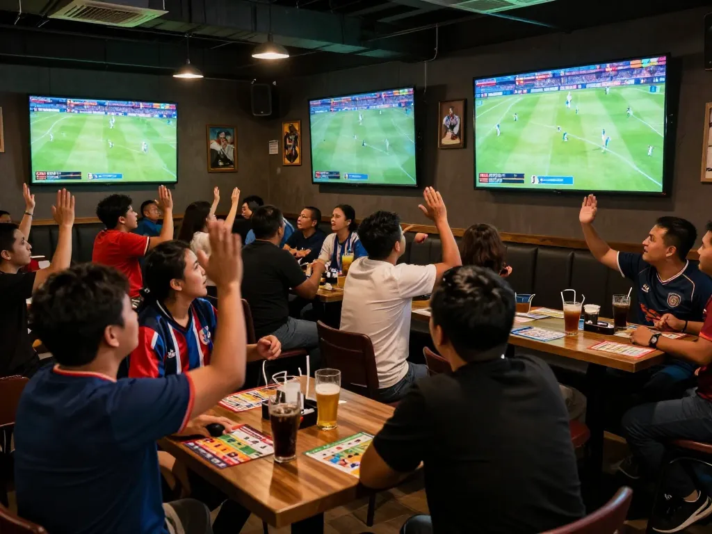 Penggemar merayakan saat berjudi bola di bar olahraga yang ramai dengan banyak layar