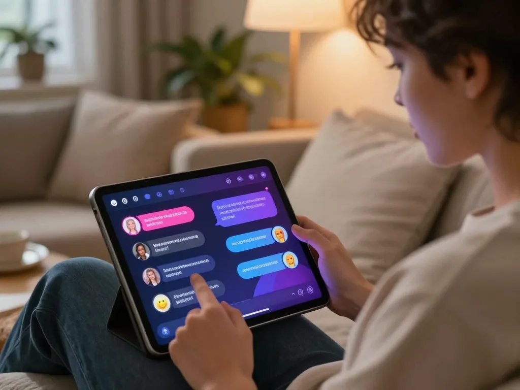 Engaging user exploring porn chat AI on a sleek tablet in a cozy, modern room.
