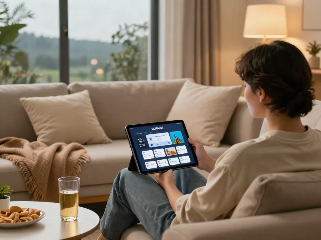 Engaged user enjoying ROKOK88 entertainment on a tablet in a cozy setting.