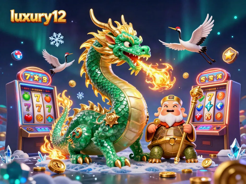 Play exciting slot games with luxury12; iconic jade dragon and turtle characters in a colorful casino scene.