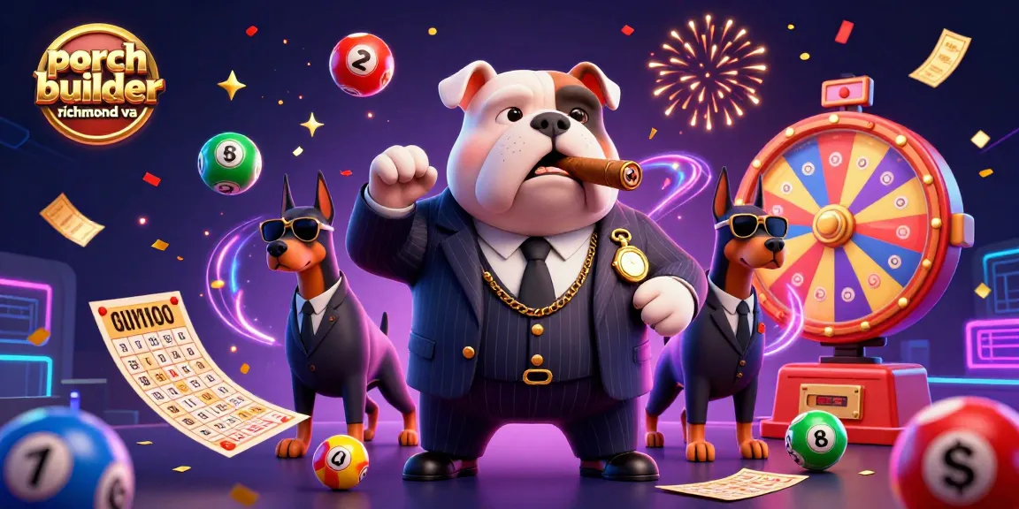 Exciting illustration of a porch builder Richmond VA featuring a bulldog mobster and Doberman guards amidst dynamic winning game elements.
