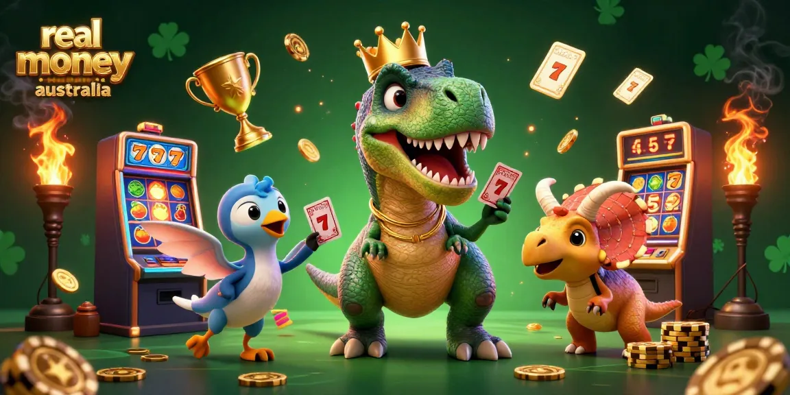 Experience fun at real money casinos Australia with a vibrant 3D casino scene featuring cartoon dinosaurs.