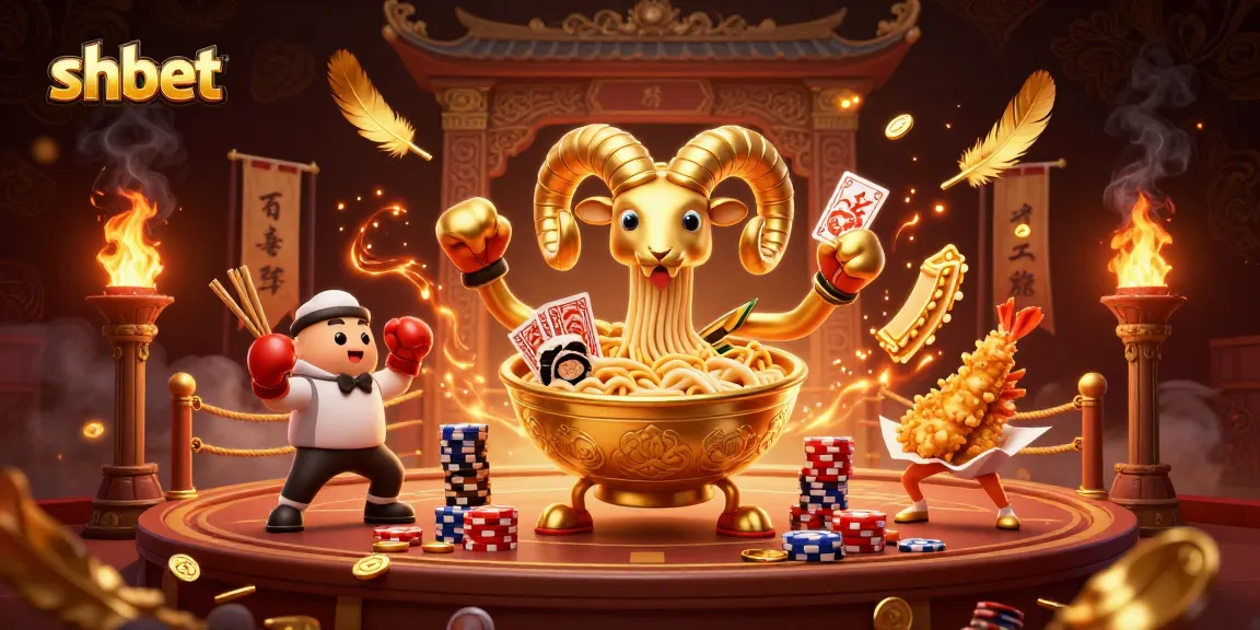 Engage in an exciting shbet gamble with a dynamic scene featuring a giant ramen bowl dealer and fun casino elements.