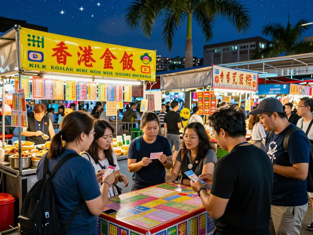 Suasana menarik di pasar jalanan Hong Kong yang menampilkan tiket HK Lotto dan kehidupan malam yang meriah.