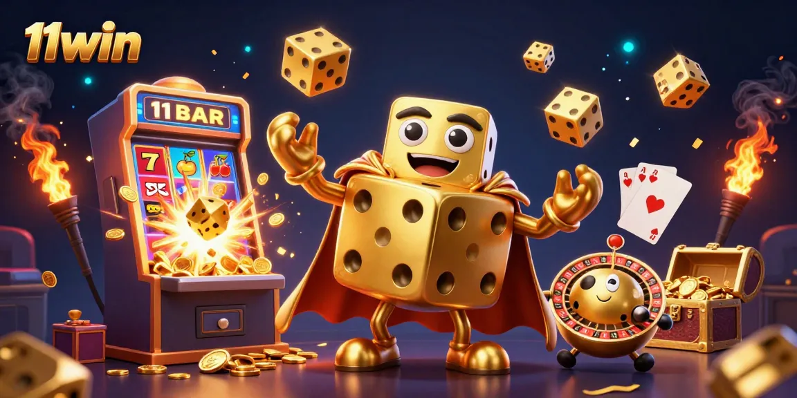 Engage with 11win’s vibrant 3D casino scene showcasing golden dice, slot machines, and immersive game elements.