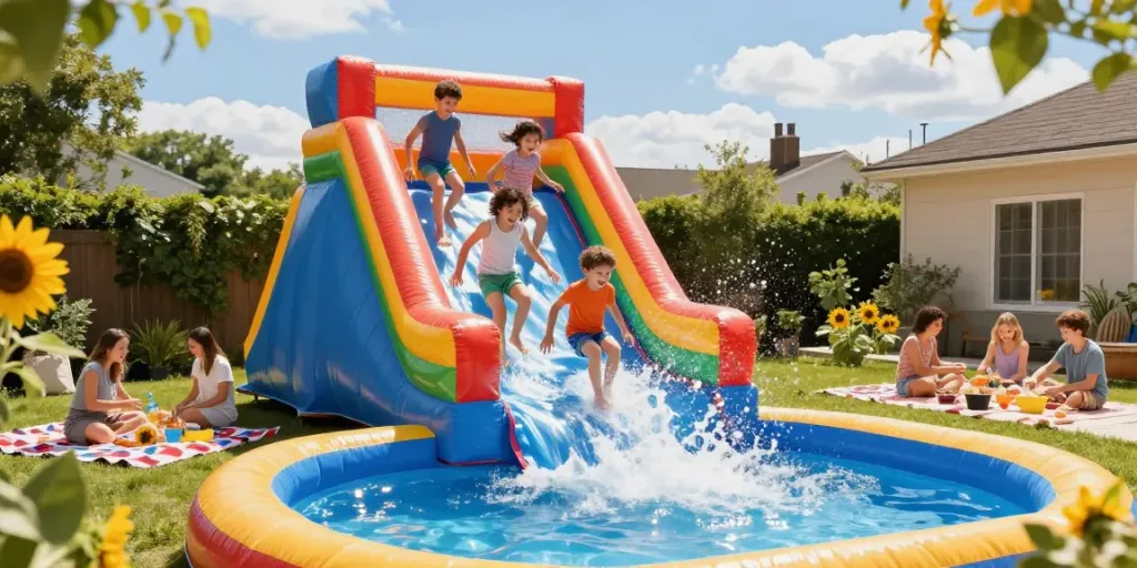Families enjoying inflatable water slides water in a vibrant backyard setting.