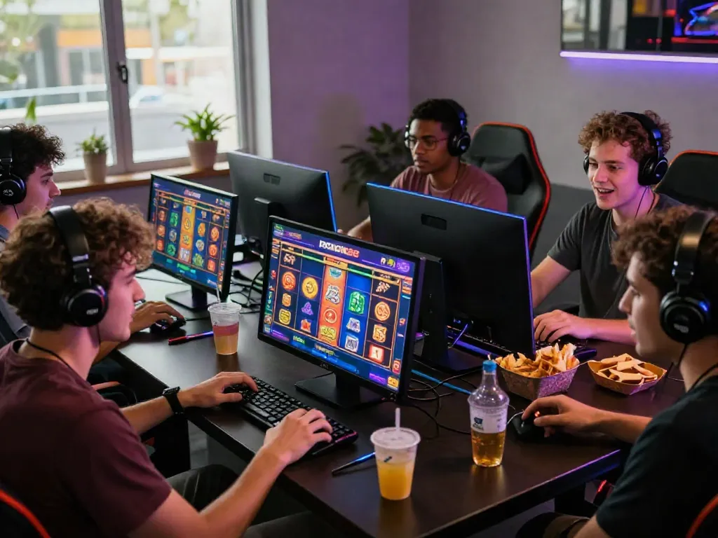 Group playing rokok88 slot game on mobile devices in an energetic gaming environment