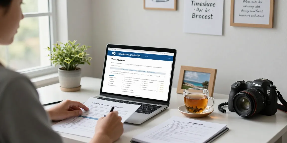 Cancel my timeshare process with a calm home office setting, featuring cancellation papers and motivational quotes.