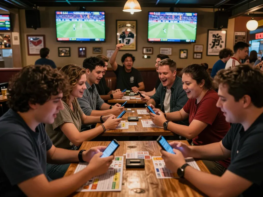 Tỷ lệ kèo nhà cái hôm nay shown as friends celebrate a winning sports bet in a lively bar atmosphere