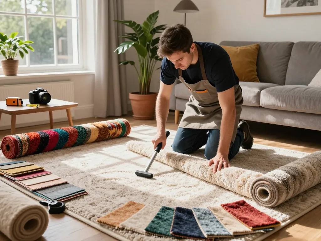 Professional carpet fitting services West London in a cozy living room with expert fitter at work.