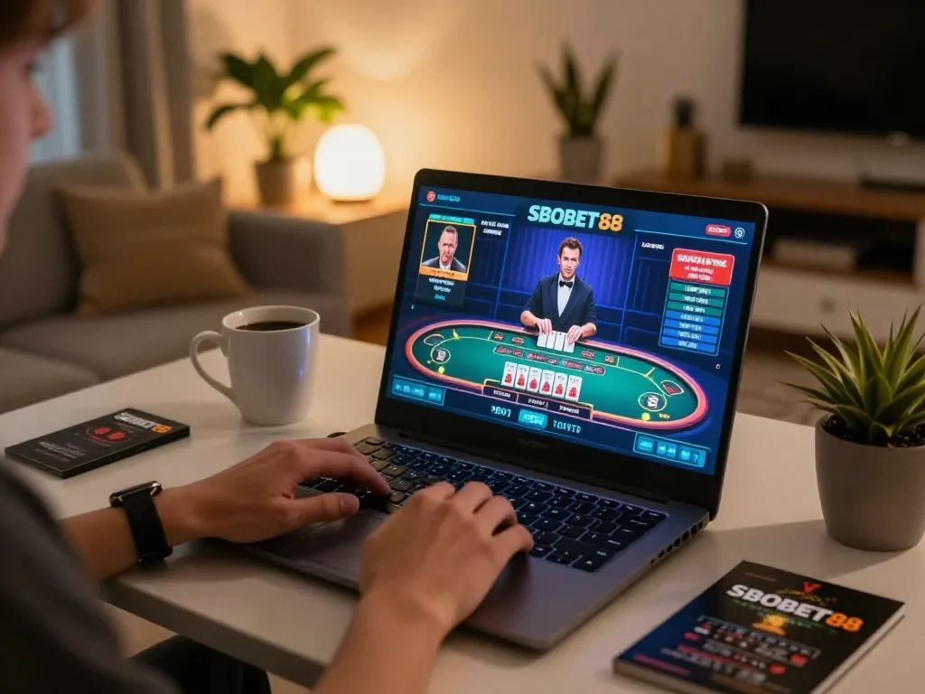 Pengalaman bermain game daring SBOBET88 dengan pengguna laptop yang terlibat dalam permainan dealer langsung, suasana rumah yang nyaman