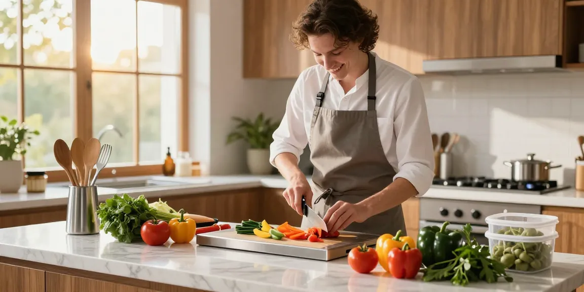 Home chef using titanium cutting boards while preparing colorful vegetables, showcasing a modern kitchen.