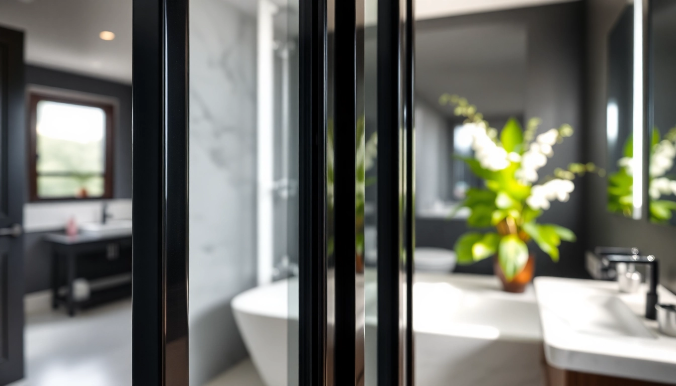 Showcase a stylish black shower door in a contemporary bathroom environment.