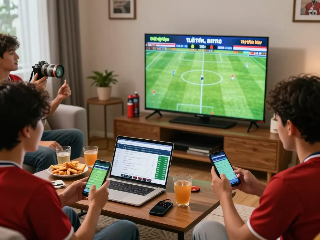 Friends engaged around a coffee table watching a football match, checking tỷ lệ kèo updates on devices, and enjoying snacks in an inviting atmosphere.