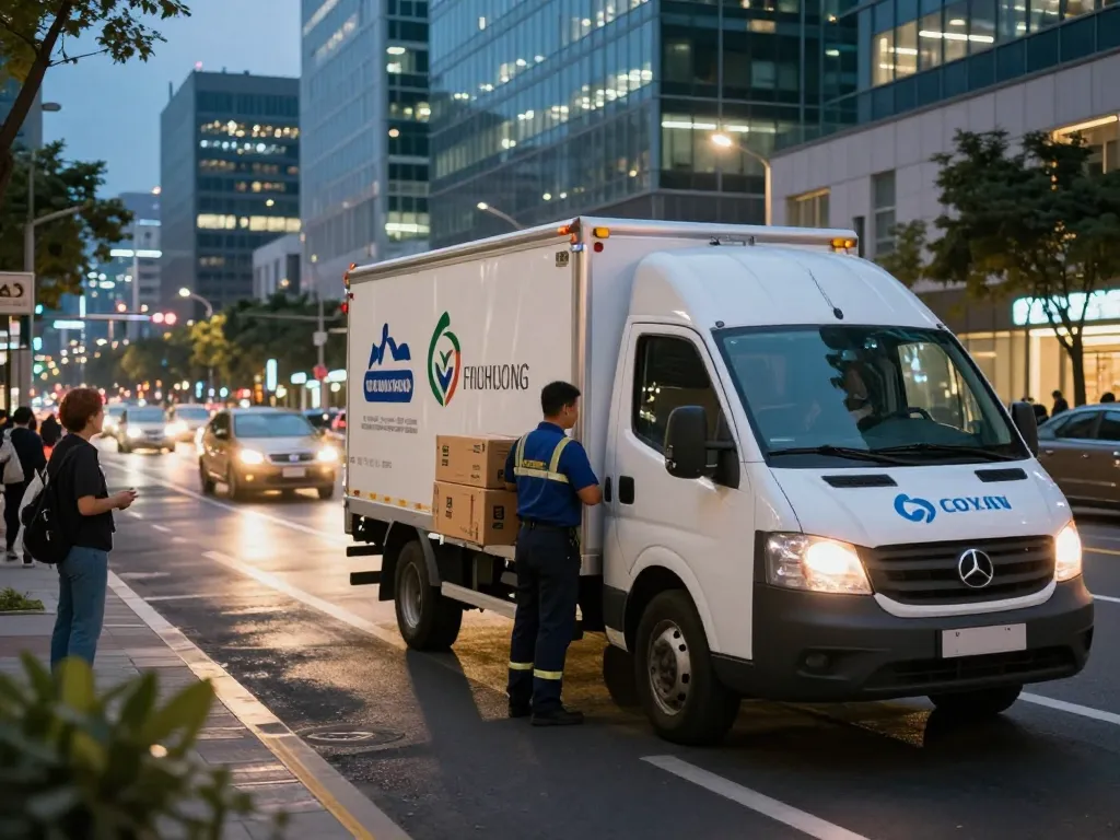 Driver loading cargo into tracked delivery van for logistics operations in busy urban setting.