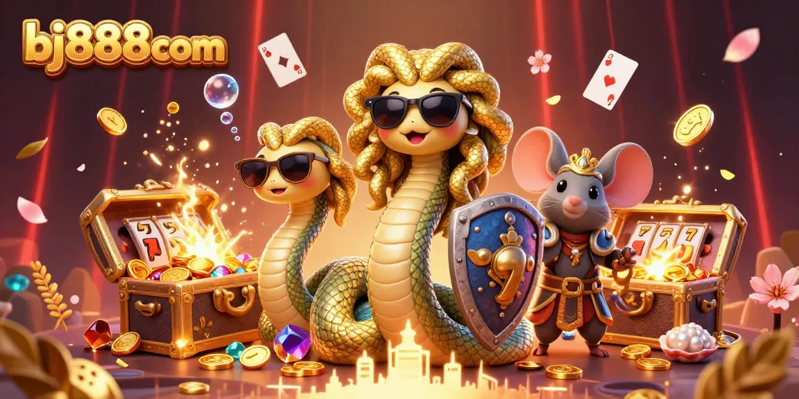 Join the excitement at bj888com with a dynamic casino scene filled with vibrant characters and game elements.