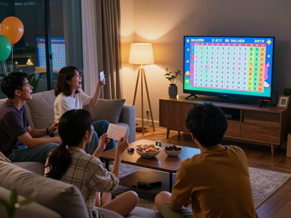 Teman-teman yang bersemangat menonton hasil HK Lotto saat malam pengundian yang meriah.