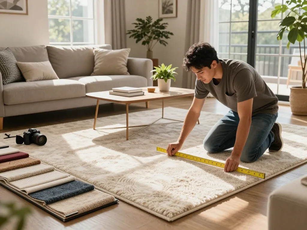 Residential carpet installation in a cozy living room with sunlight highlighting plush carpets and modern decor.