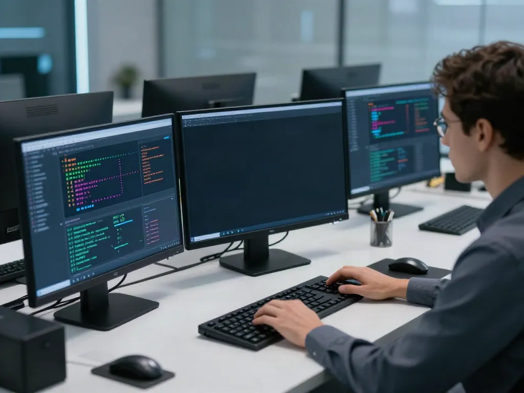 Host configuration review services in a high-tech cybersecurity workspace with advanced digital tools.