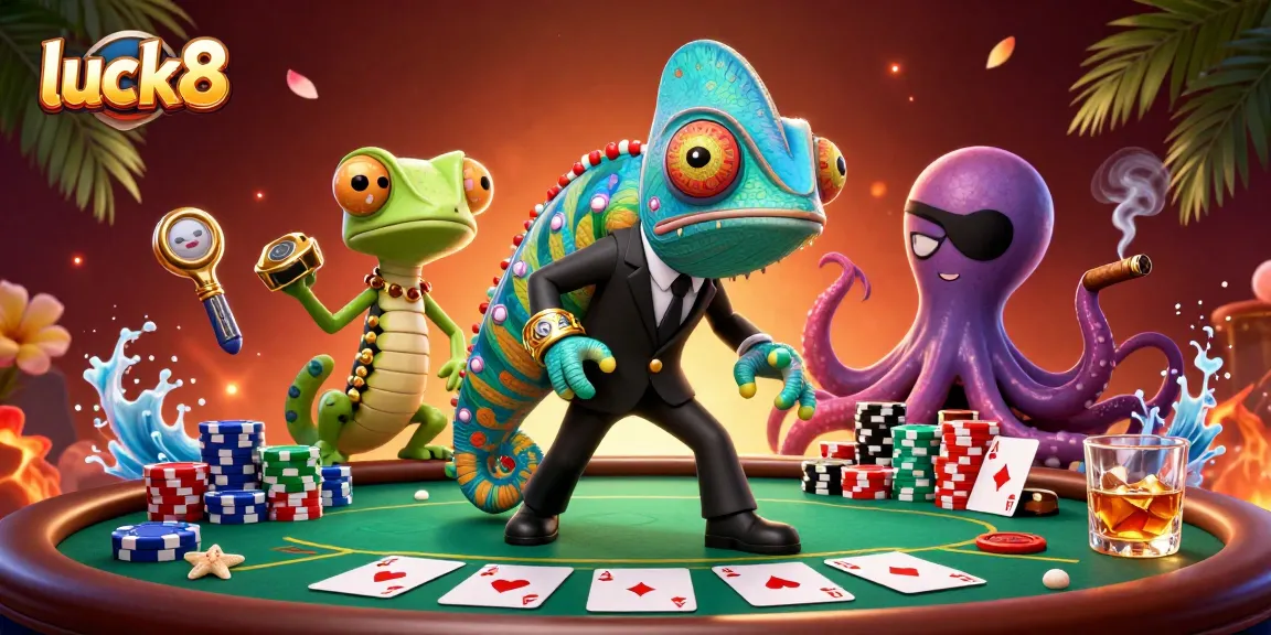 Engage with luck8's thrilling poker scene featuring a chameleon secret agent and dynamic gambling elements.