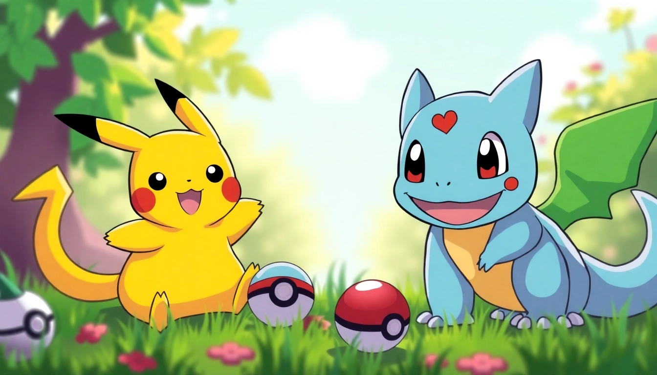 Colorful Pokemon SVG designs featuring Pikachu, Bulbasaur, and Charmander in an engaging scene.
