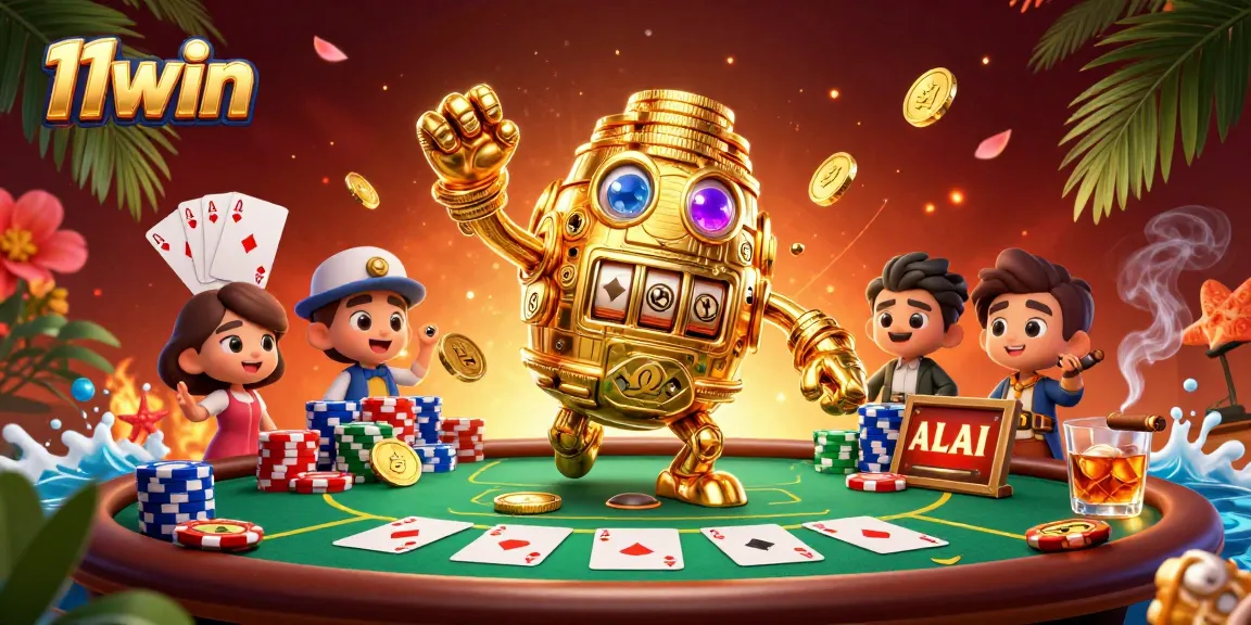 Engage with 11win's casino excitement featuring a golden golem and poker elements.