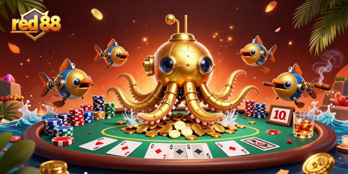 Engage with red 88's thrilling poker scene featuring kraken submarine and vibrant casino elements.