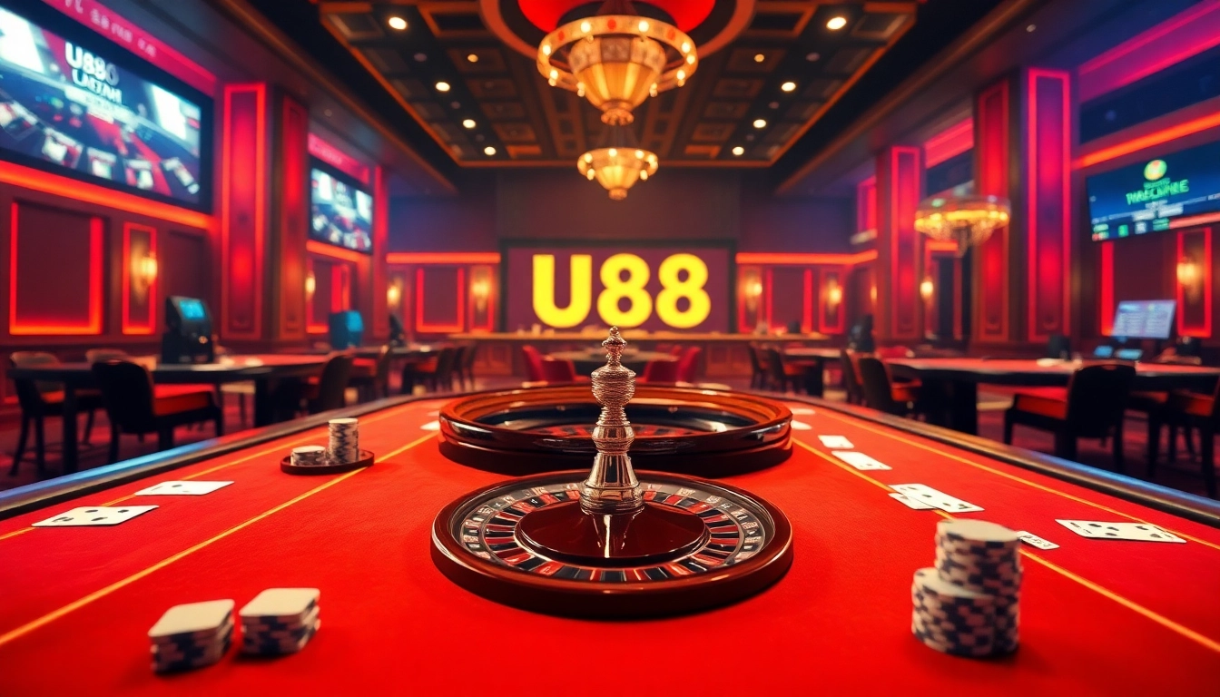Exciting U88 casino setup with vibrant tables, chips, and roulette wheel for thrilling gameplay.