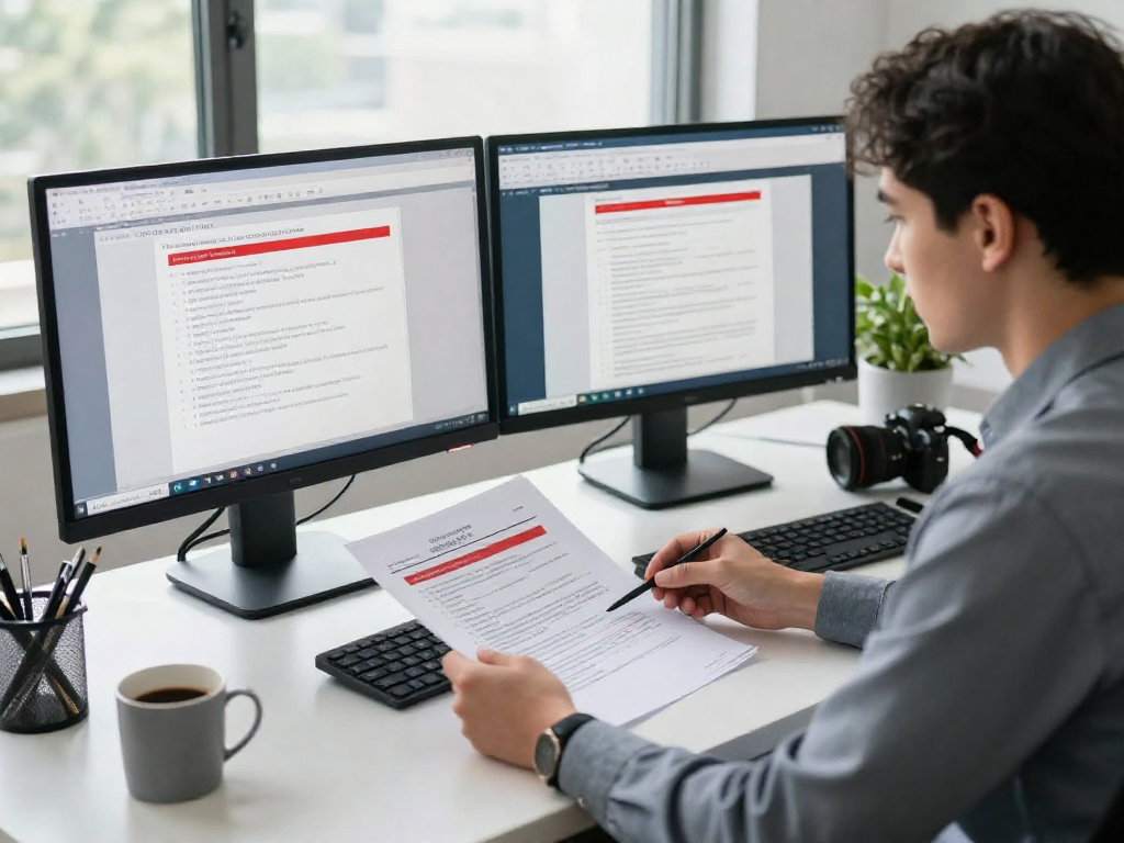 Focused business professional engaged in document fraud detection in a modern office.