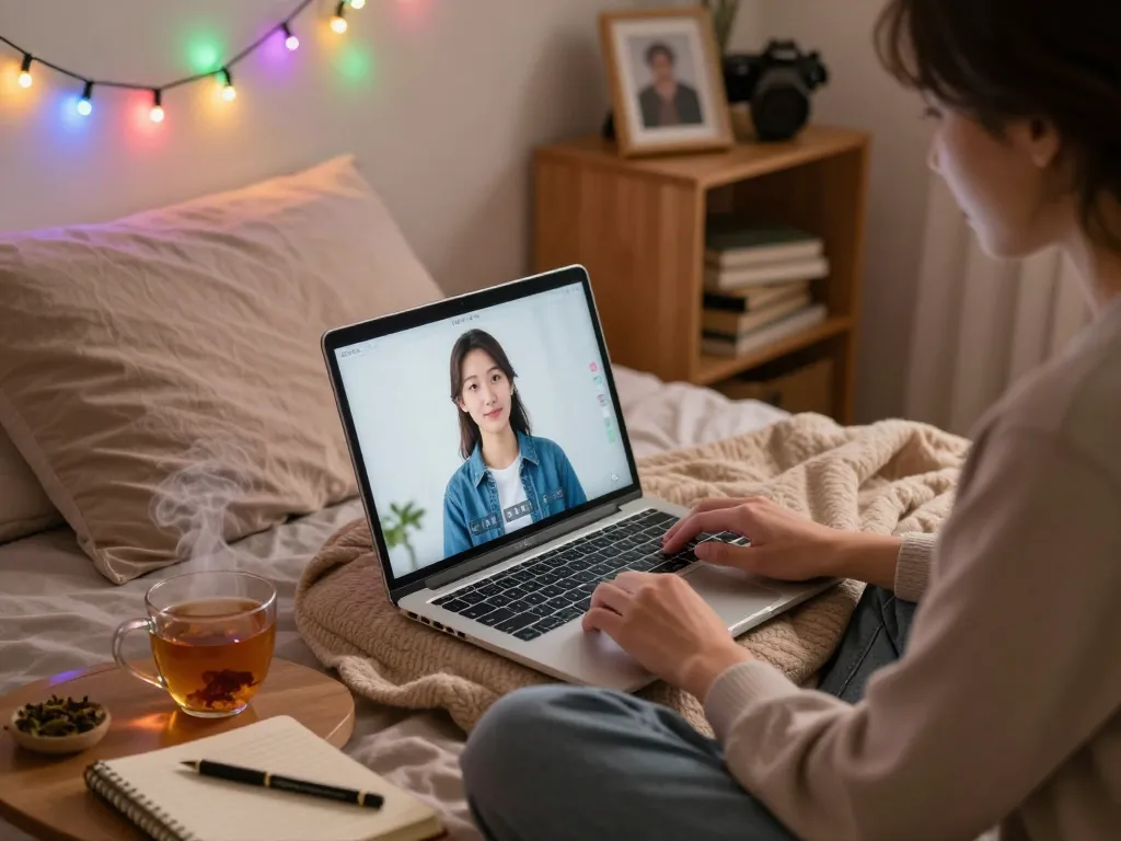 A cozy scene of a person engaged in porn ai chat on a laptop, surrounded by warm lighting and personal decor.