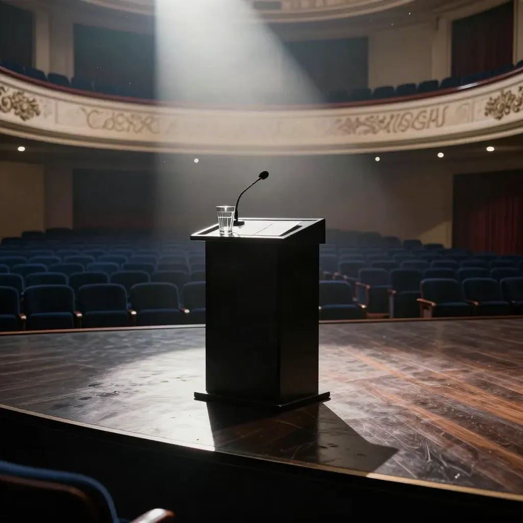 Empty theater stage with podium, mic, water glass and cue cards in moody morning haze