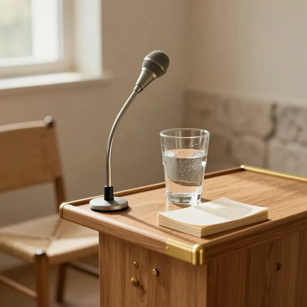 Macro of a rehearsal podium setup with mic stand, cue cards, water glass, and a waiting chair.