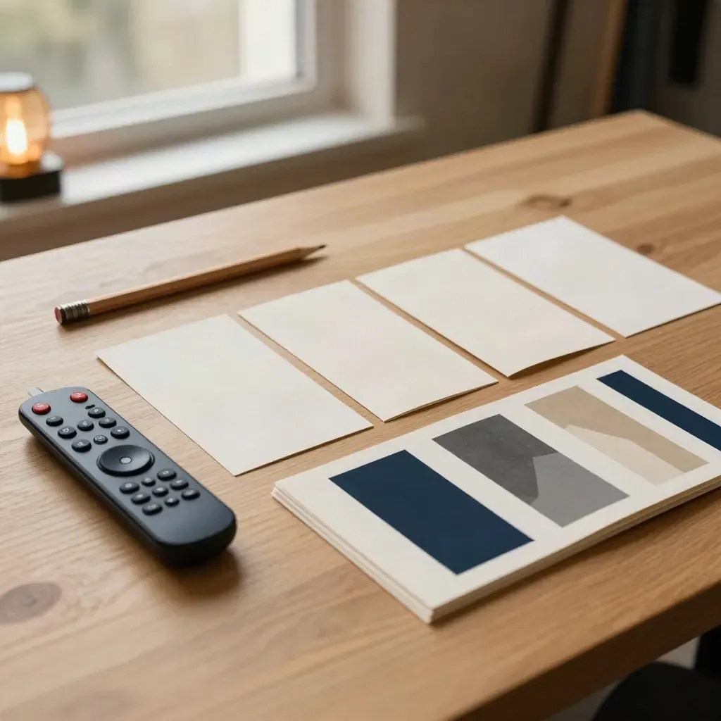 Storyboard cards, clicker, pencil, and face-down slide mockups on a warm oak table.