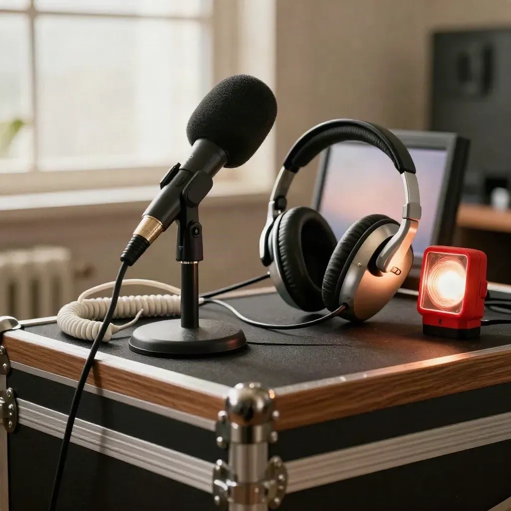 Broadcast mic, earpiece coil, and red tally light on a studio cart, ready for media training.
