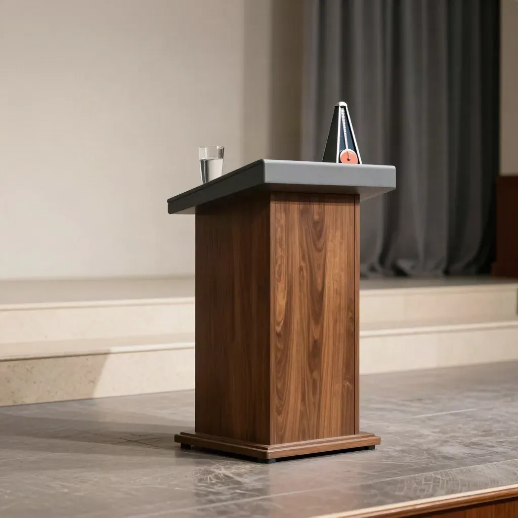 Empty keynote stage with podium, water glass, metronome, and stage marks in soft haze