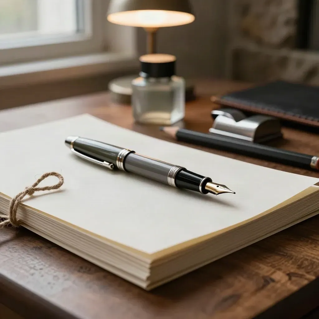 Moody speech-writing still life with fountain pen, pencil, ink bottle, paperweight, and tied manuscript sheets.