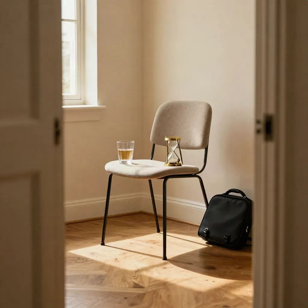 Empty interview rehearsal nook with chair, water glass, timer and mic case by a bright wall.
