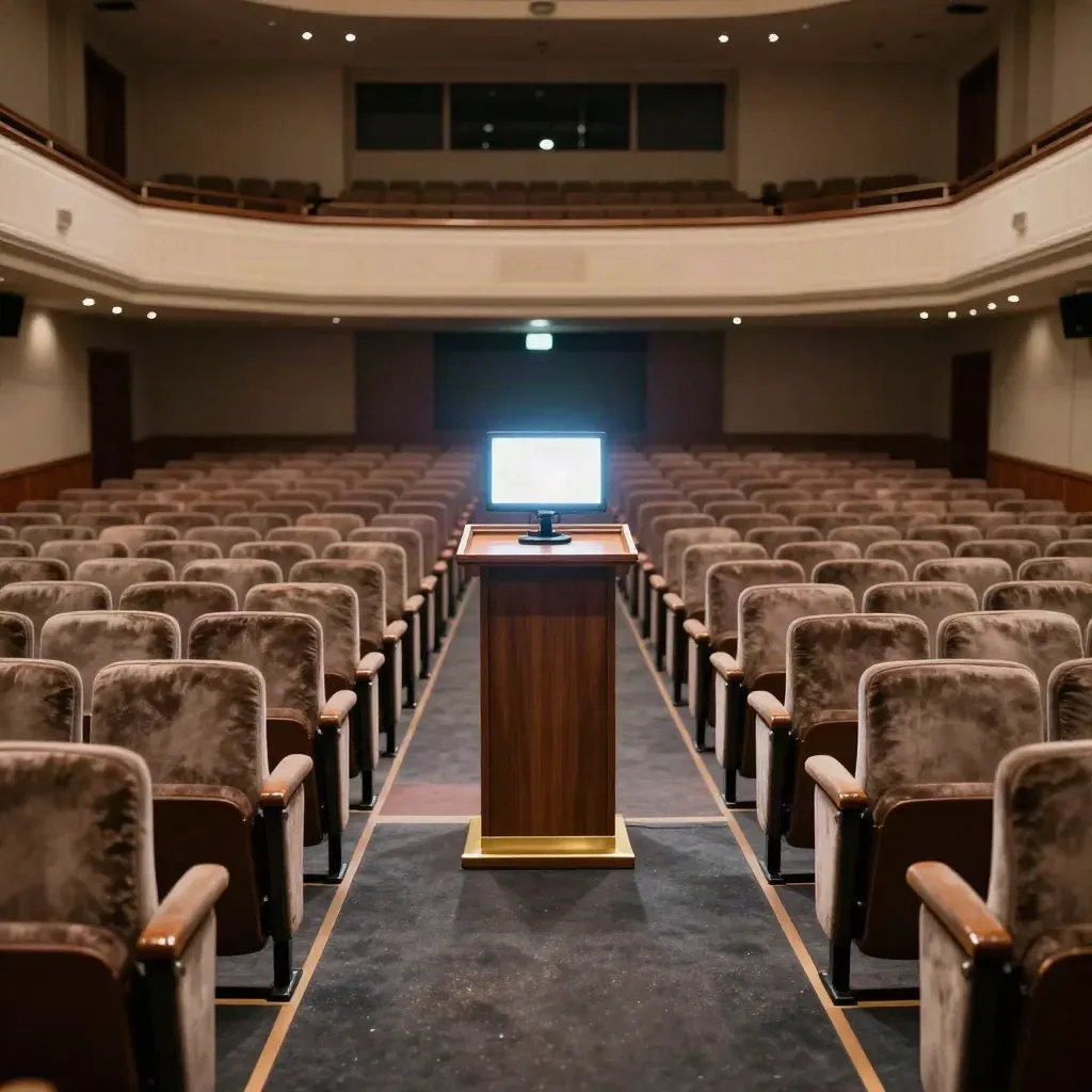 Empty auditorium with lit podium, glowing stage monitor, and rows of seats fading into haze.