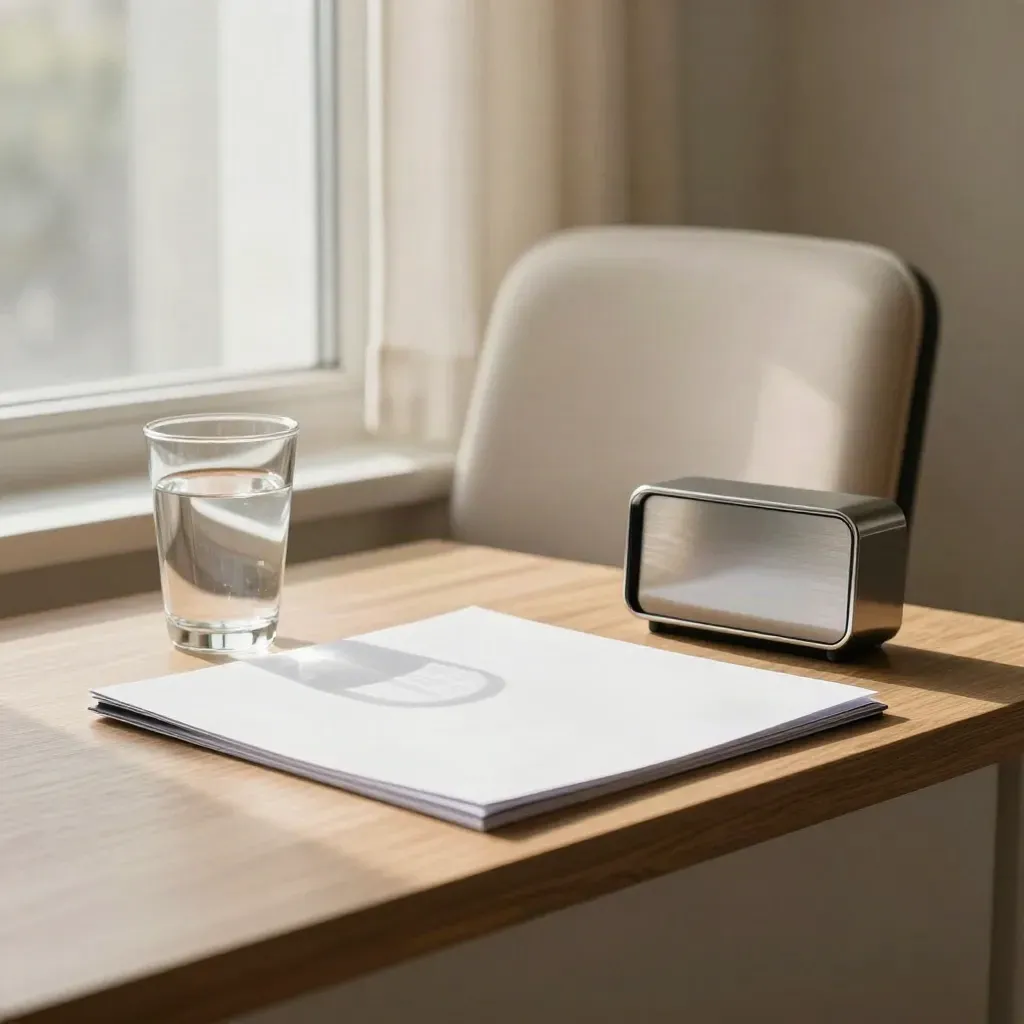 Empty student interview room with chair, water glass, timer and face-down folder in warm window light
