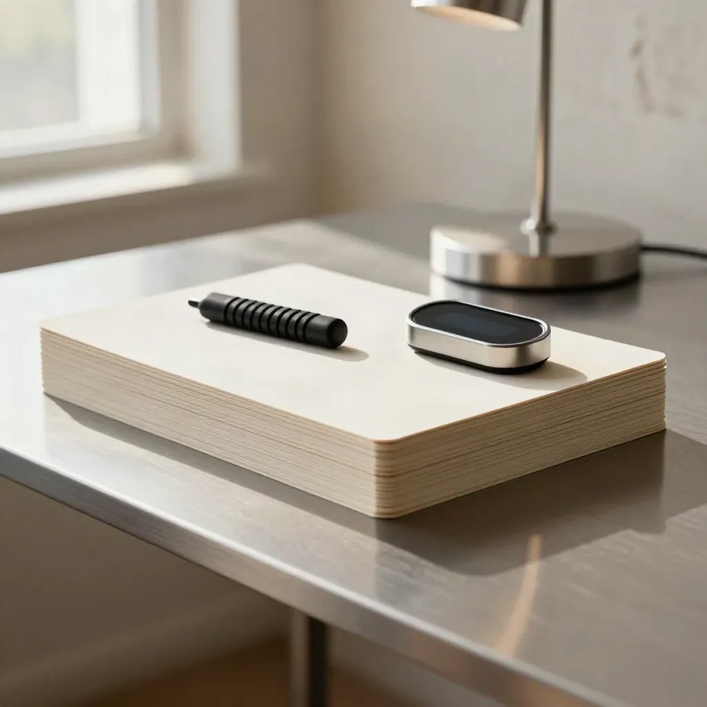 Macro of speech boards, clicker, timer and lamp on pewter