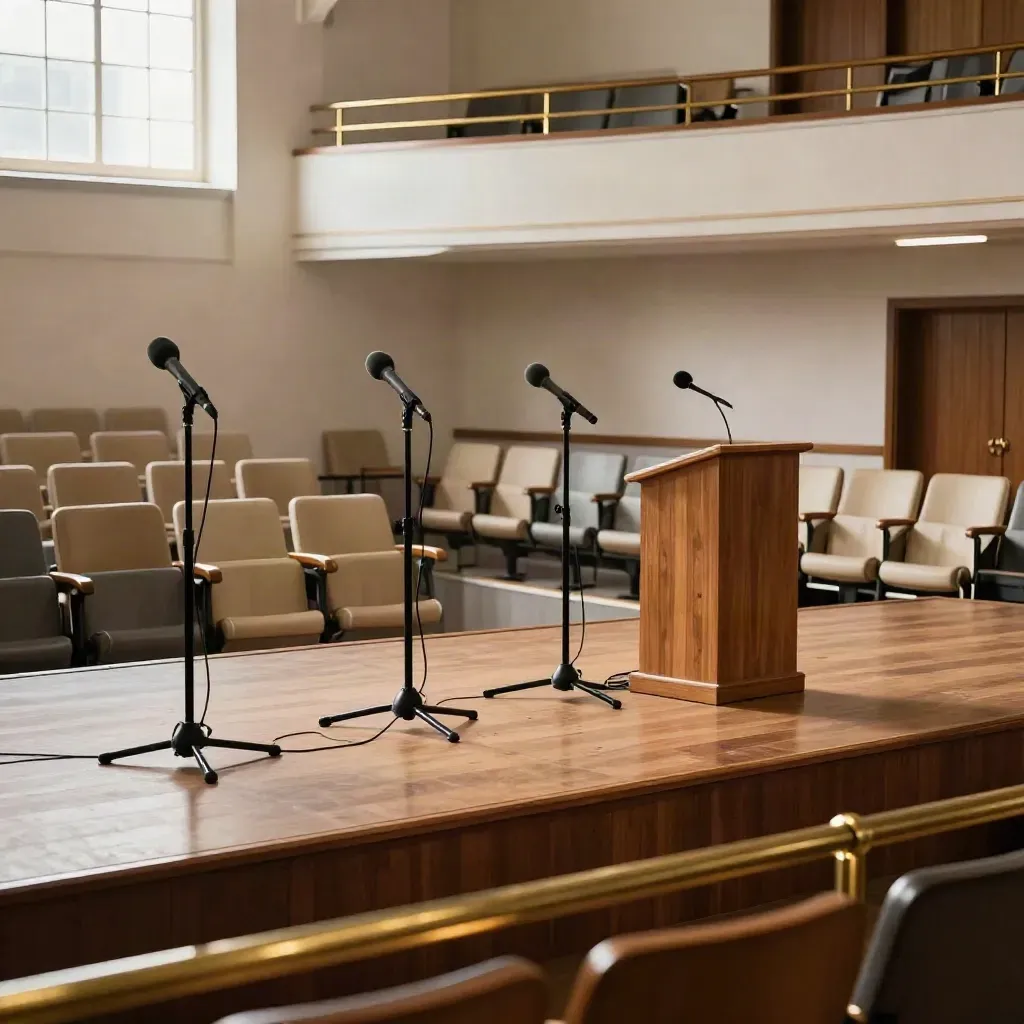 Empty town-hall stage with lectern, clustered mics, and civic seating under bright haze.