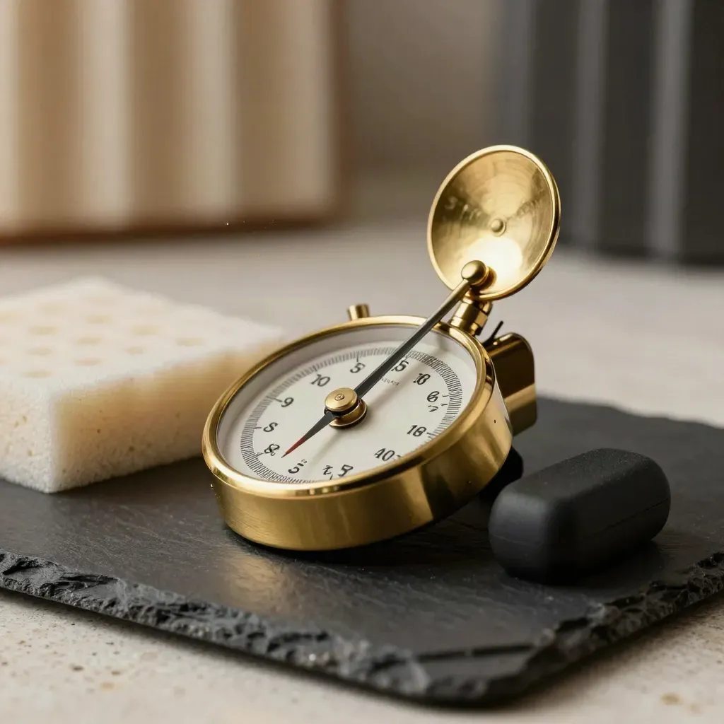 Brass metronome, voice timer, acoustic foam sample, and clicker on dark slate