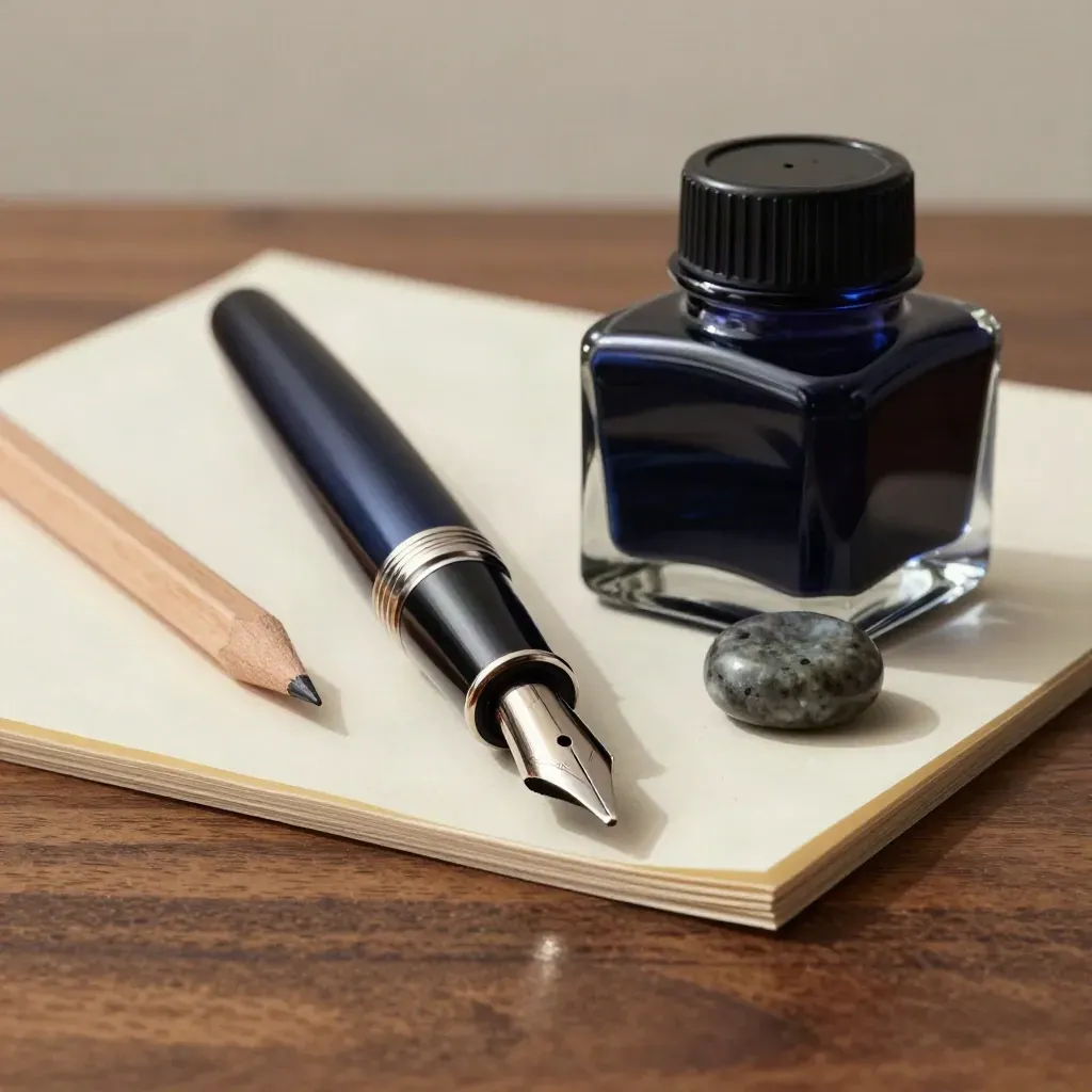 Pen nib, cedar pencil, ink bottle and paperweight on cream stock in dramatic light