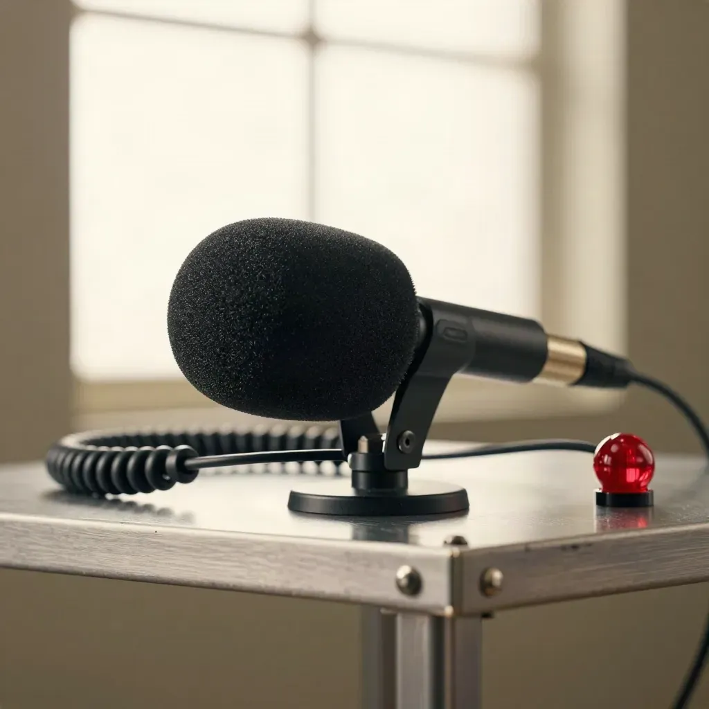 Lav mic capsule, coil, and tally bulb on a studio shelf with cool glow.